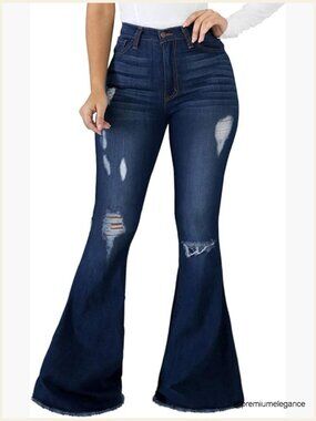 High Rise Ripped Flared Bell Bottom Jeans Elastic Waist Destroyed Denim